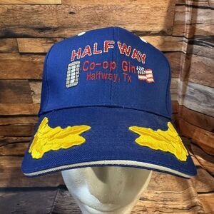 Halfway Co-Op Gin Hat Cap Adjustable H & L Strap Blue Cotton Bale USA Flag Texas